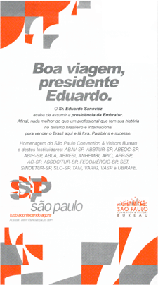 Anúncio publicado pelo SPCVB para saudar a nomeação de Eduardo Sanovicz para a Presidência da Embratur 